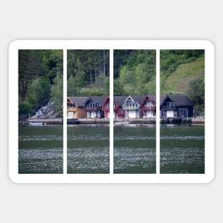 Wonderful landscapes in Norway. Vestland. Beautiful scenery of coloured houses facing the spectacular Sognefjord. Rainy day Sticker